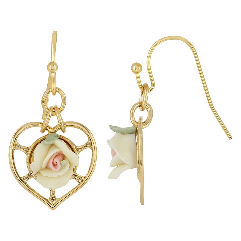 1928 14k Gold-Dipped Heart With Porcelain Rose Earrings, Womens, White