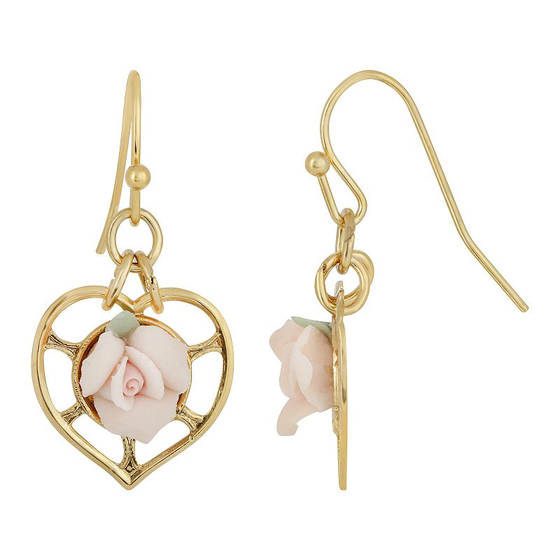 1928 14k Gold-Dipped Heart With Porcelain Rose Earrings, Womens, Pink