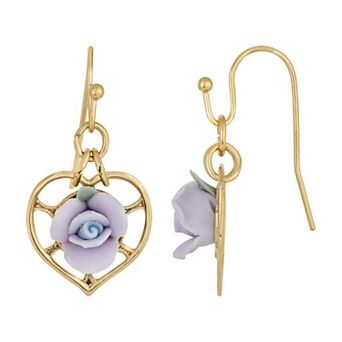 1928 14k Gold-Dipped Heart And Porcelain Rose Earrings