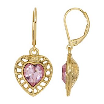 1928 14k Gold Dipped Pink Crystal Heart Drop Earrings