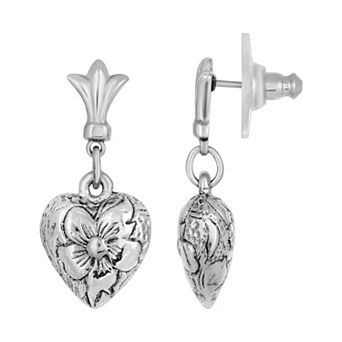 1928 Silver-Tone Textured Heart Drop Earrings