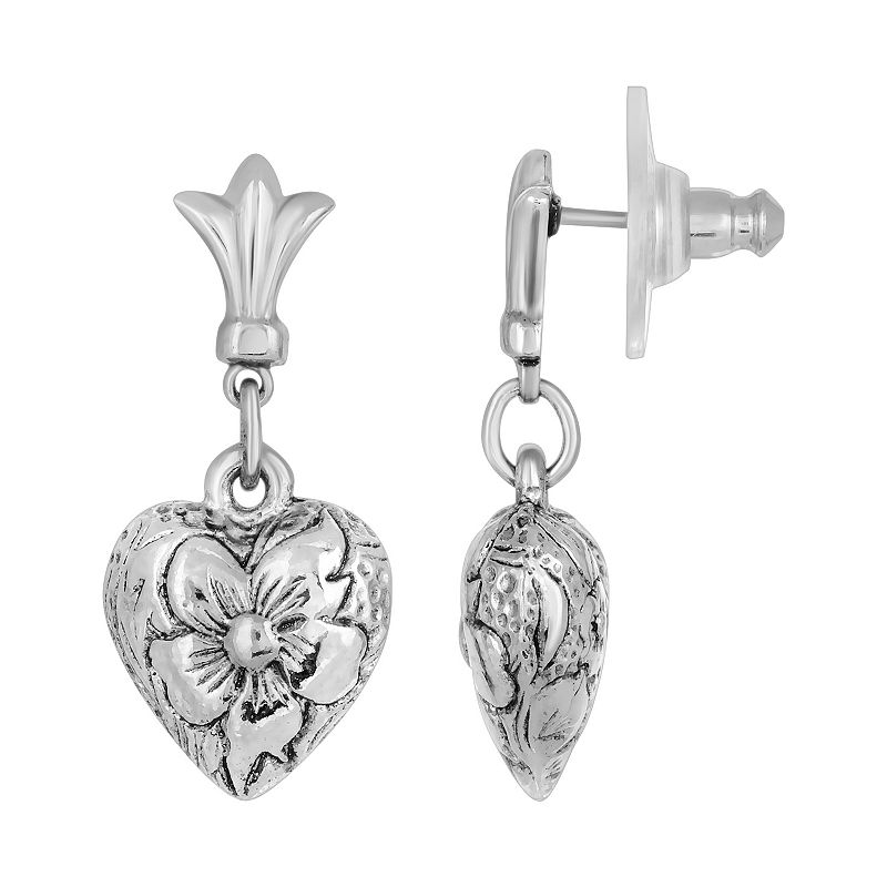 1928 Silver-Tone Textured Heart Drop Earrings, Womens