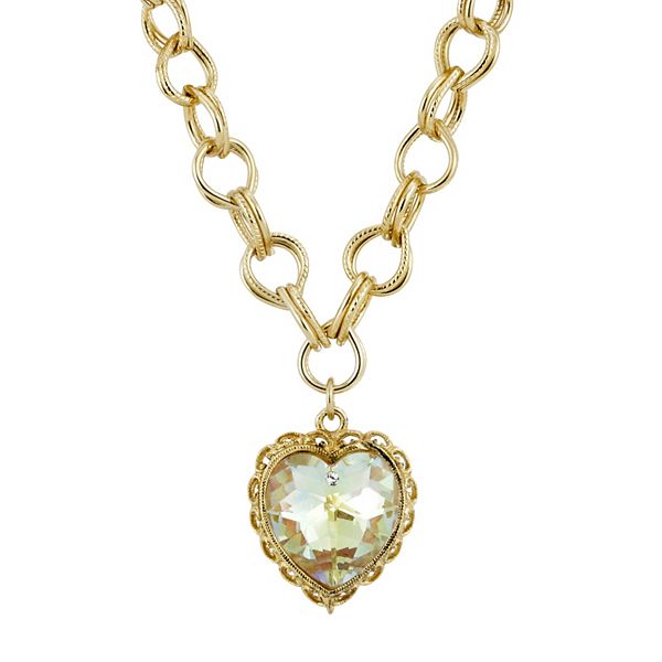 1928 Gold-Tone Aurora Borealis Crystal Heart Pendant Necklace