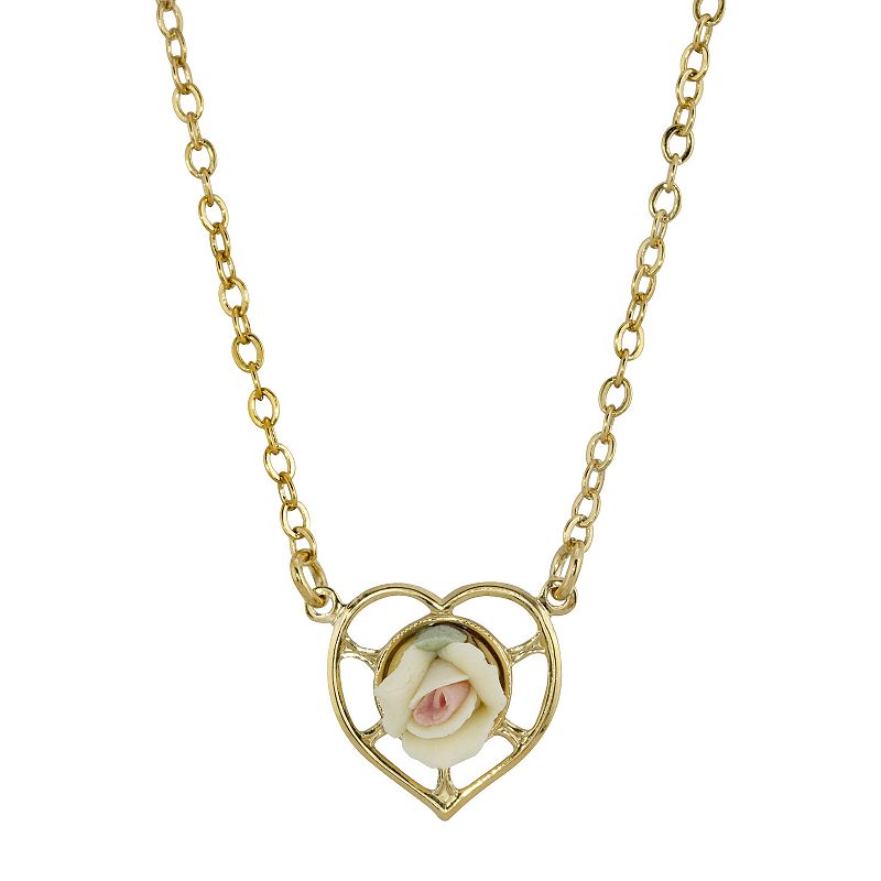 62654174 1928 14k Gold-Dipped Porcelain Rose Heart Necklace sku 62654174