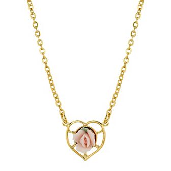 1928 14k Gold-Dipped Porcelain Rose Heart Necklace