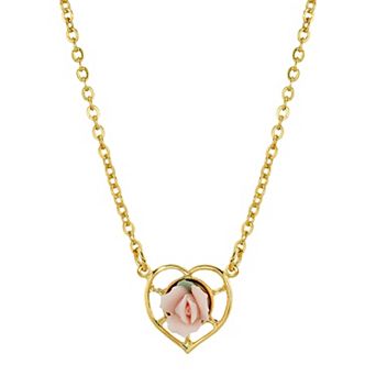 1928 14k Gold-Dipped Porcelain Rose Heart Necklace