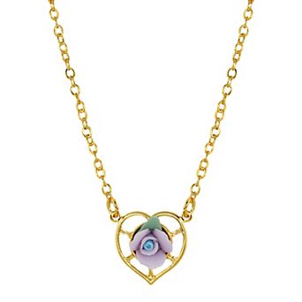1928 14k Gold-Dipped Porcelain Rose Heart Necklace