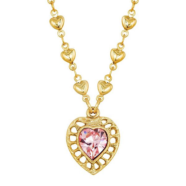 1928 14k Gold Dipped Pink Swarovski Crystal Heart Pendant Necklace