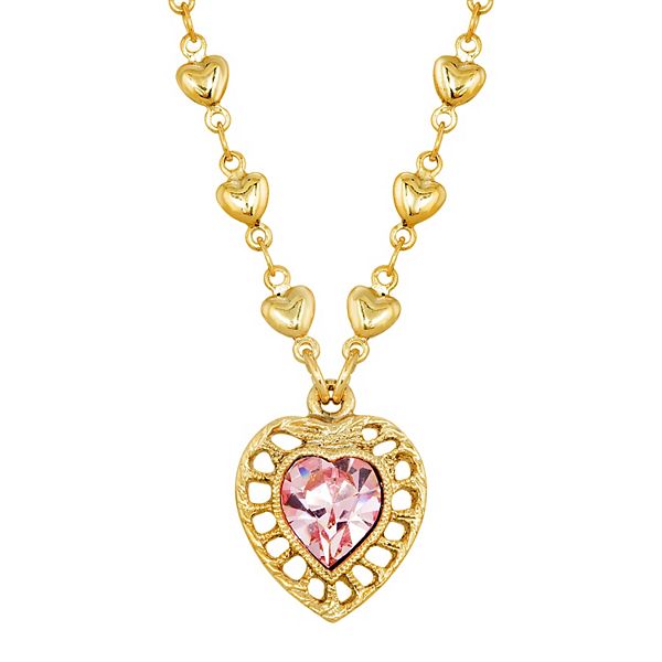 1928 14k Gold-Dipped Pink Swarovski Crystal Heart Pendant Necklace