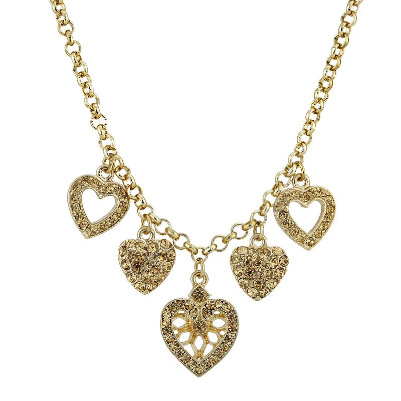 1928 Gold-Tone Light Brown Heart Charm Necklace, Womens