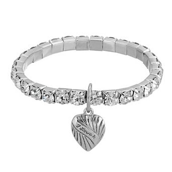 1928 Silver-Tone Crystal Heart Charm Stretch Bracelet
