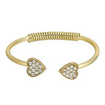 1928 14k Gold-Dipped Pave Crystal Heart Coil Spring Cuff Bracelet
