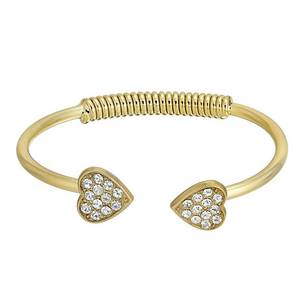 1928 14k Gold-Dipped Pave Crystal Heart Coil Spring Cuff Bracelet