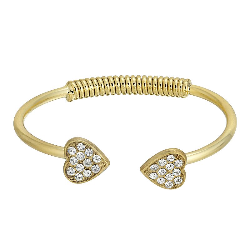 1928 14k Gold-Dipped Pave Crystal Heart Coil Spring Cuff Bracelet, Womens