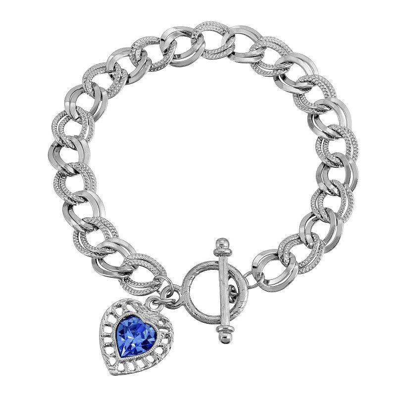 1928 Silver Crystal Heart Toggle Bracelet, Womens, Blue
