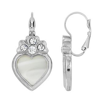 1928 Silver-Tone Crystal Genuine Mother Of Pearl Heart Earrings