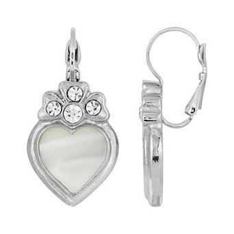 1928 Silver-Tone Crystal Genuine Mother Of Pearl Heart Earrings