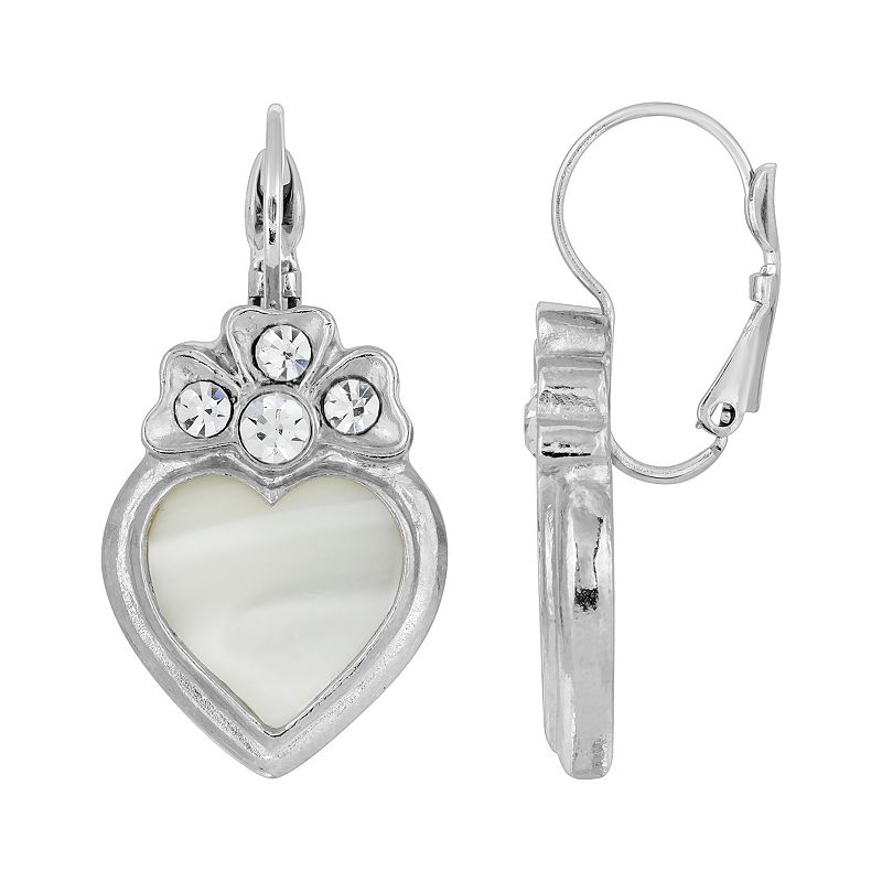 1928 Silver-Tone Crystal Genuine Mother Of Pearl Heart Earrings, Womens, W