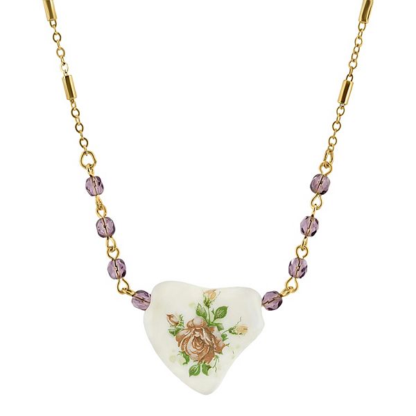 1928 Gold-Tone Purple Beaded White Heart With Pink Floral Decal Necklace