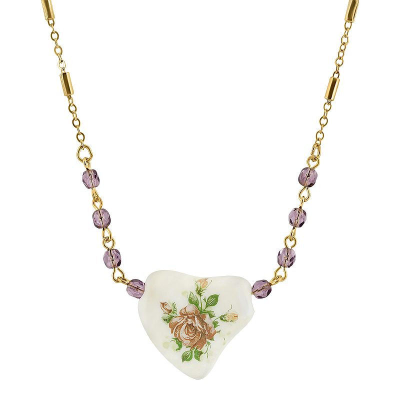 1928 Gold-Tone Purple Beaded White Heart With Pink Floral Decal Necklace, W