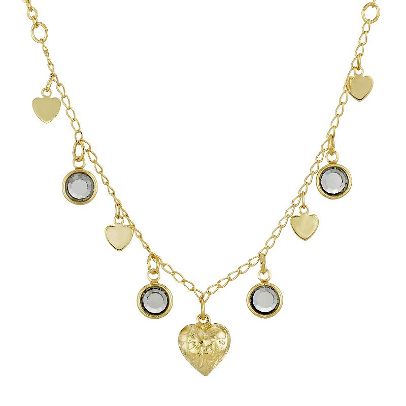 1928 Gold-Tone Black Diamond Channels With Hearts Drop Necklace, Womens, G