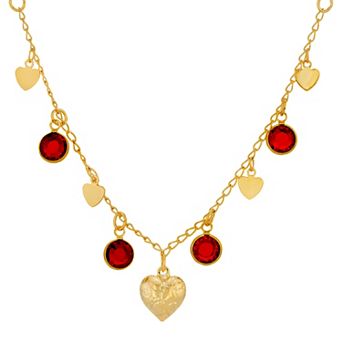 1928 Gold Tone Red Channels With Hearts Drop Necklace