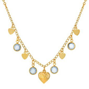 1928 Gold Tone Light Blue Channels With Hearts Drop Necklace