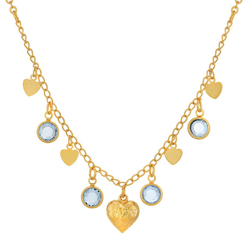 1928 Gold Tone Light Blue Channels With Hearts Drop Necklace, Womens