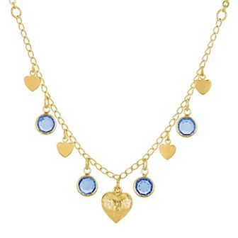 1928 Gold Tone Dark Blue Channels With Hearts Drop Necklace
