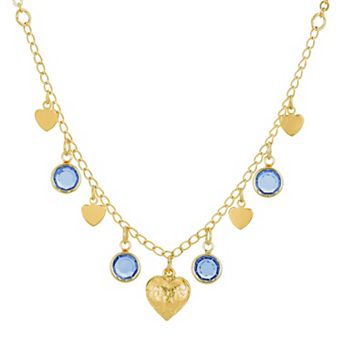 1928 Gold Tone Dark Blue Channels With Hearts Drop Necklace