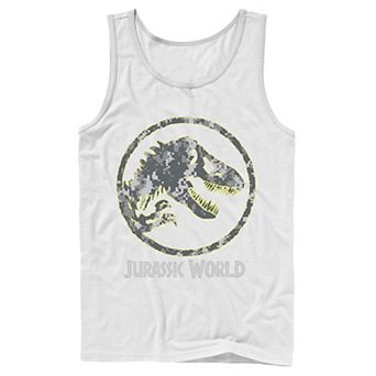Men's Jurassic World Camouflage Yellow Outline Fossil Coin Logo Tank Top