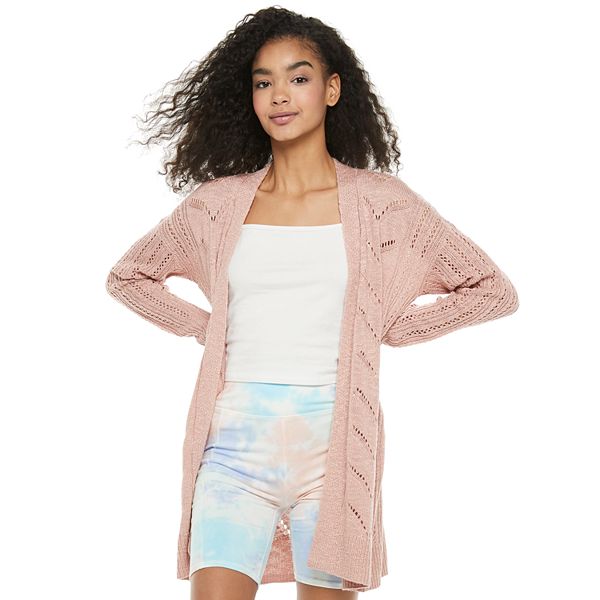 Juniors' Pink Republic Long Sleeve Pointelle Cardigan Sweater