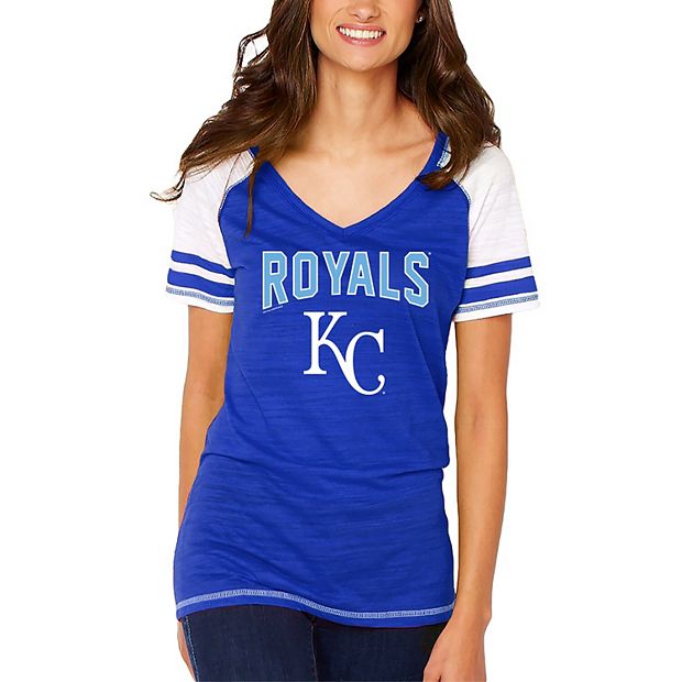 Women's Soft as a Grape Royal Kansas City Royals Sleeve Stripe Gameday  V-Neck Tri-Blend T-Shirt