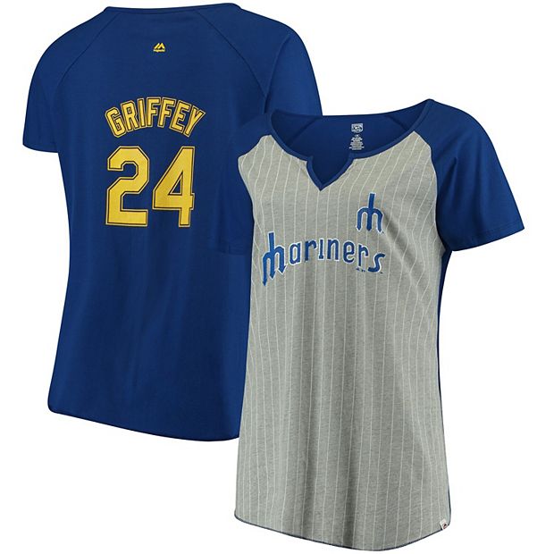 Women's Majestic Ken Griffey Jr. Gray/Royal Seattle Mariners Plus Size  Pinstripe Player T-Shirt