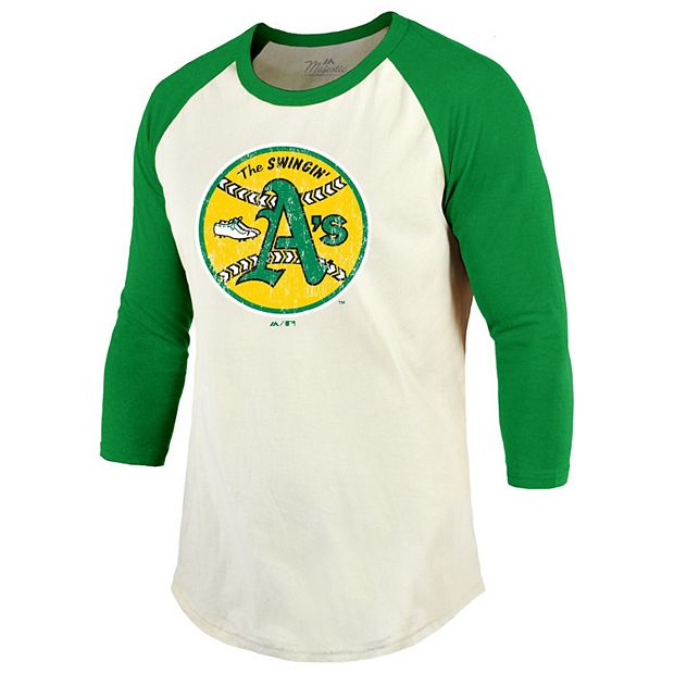 Men's Majestic Threads Cream/Green Oakland Athletics Cooperstown Collection  Raglan 3/4-Sleeve T-Shirt
