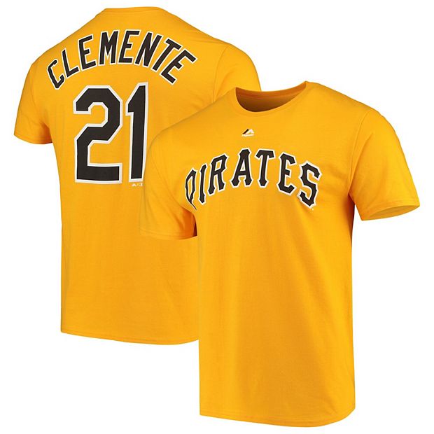 Men's Majestic Roberto Clemente Gold Pittsburgh Pirates Cooperstown  Collection Official Name & Number T-Shirt