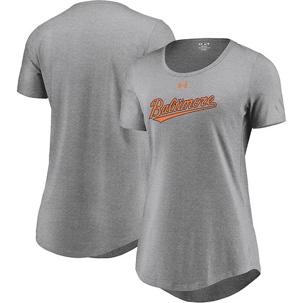 Women's Under Armour Heathered Gray Baltimore Orioles Passion Road Team  Font Scoop Performance Tri-Blend T