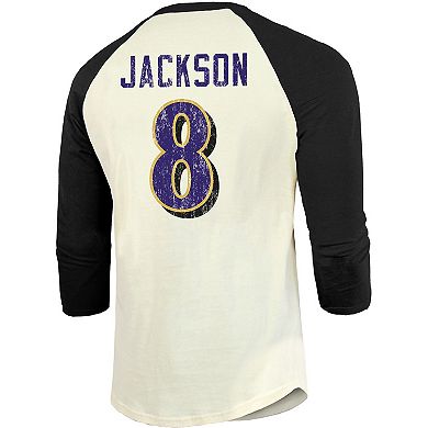 Men's Fanatics Branded Lamar Jackson Cream/Black Baltimore Ravens Vintage Player Name & Number Raglan 3/4-Sleeve T-Shirt