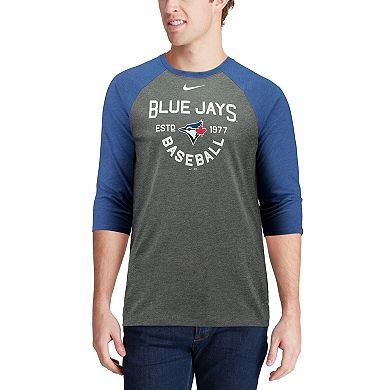 Men's Nike Heathered Charcoal Toronto Blue Jays Tri-Blend 3/4-Sleeve Raglan T-Shirt