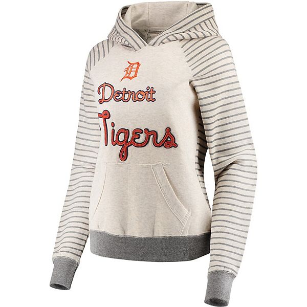 Women's Detroit Tigers Soft as a Grape Cream/Gray Bio Washed Stripe Sleeve Pullover  Hoodie