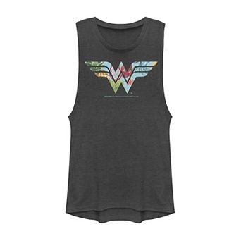 Juniors' DC Comics Wonder Woman Tropical Fill Logo Muscle Tank Top