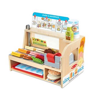 Melissa & Doug Wooden Slice & Stack Sandwich Counter with Deli Slicer-- 56 pc Pretend Play Food Pieces