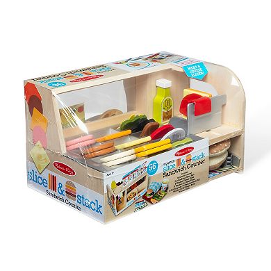 Melissa & Doug Wooden Slice & Stack Sandwich Counter with Deli Slicer-- 56-Piece Pretend Play Food Pieces