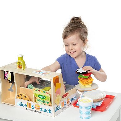 Melissa & Doug Wooden Slice & Stack Sandwich Counter with Deli Slicer-- 56-Piece Pretend Play Food Pieces