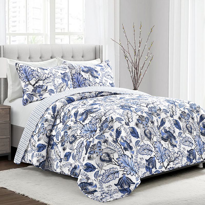 Lush Decor Cynthia Jacobean Quilt Set, Blue, Full/Queen