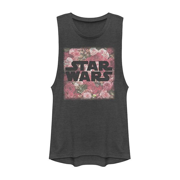 Juniors' Star Wars Rose Floral Print Logo Fill Muscle Tee