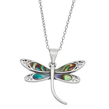 Sterling Silver Dragonfly Necklace Blue Abalone Pendant 925 