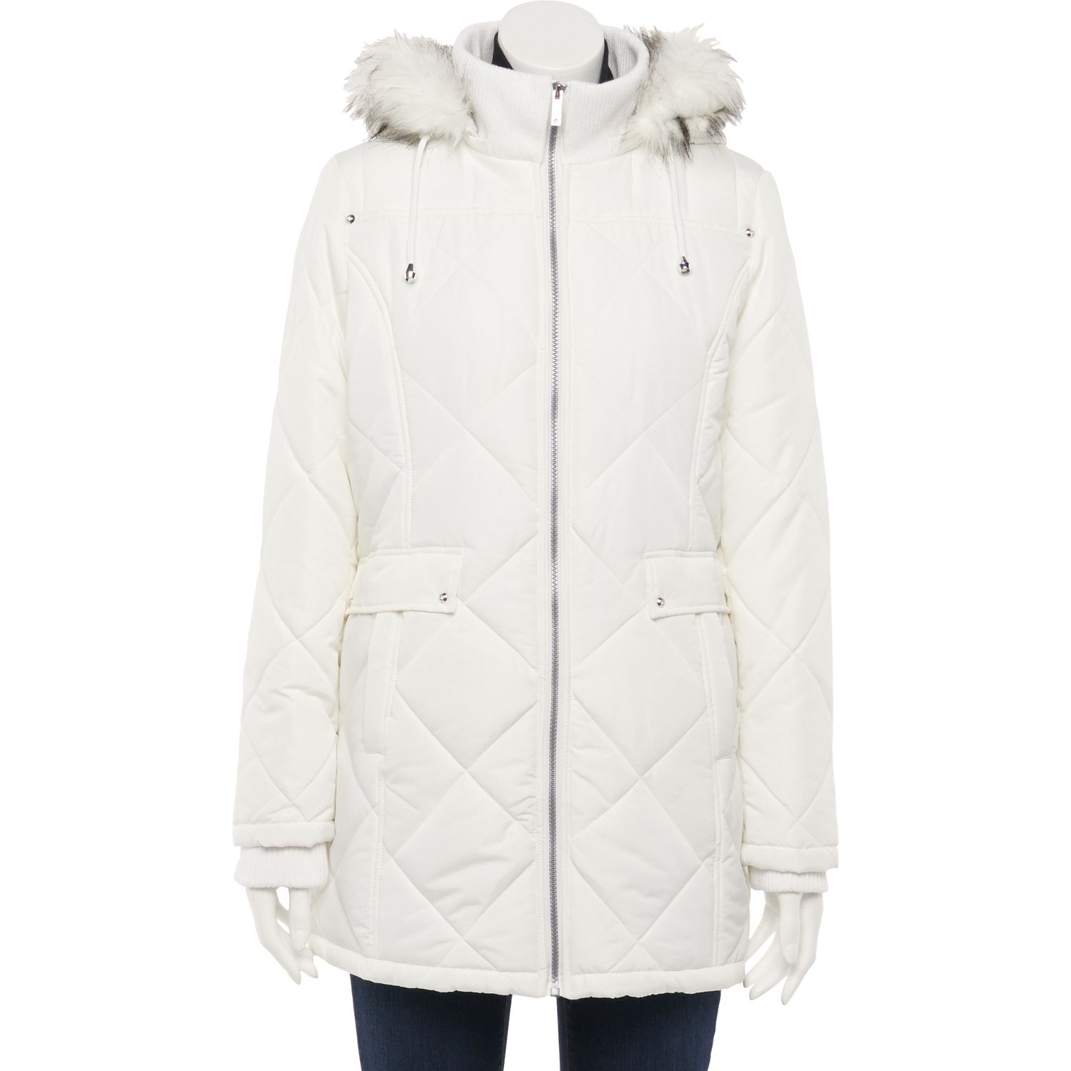 white puffer coat with fur hood