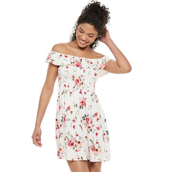 Juniors' Almost Famous Off-the-Shoulder Flounce Smocked Dress
