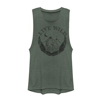 Juniors' "Live Wild" Mountain and Feathers Muscle Tank Top